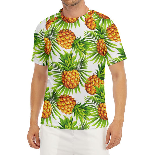 White Tropical Pineapple Pattern Print Men's Short Sleeve Rash Guard