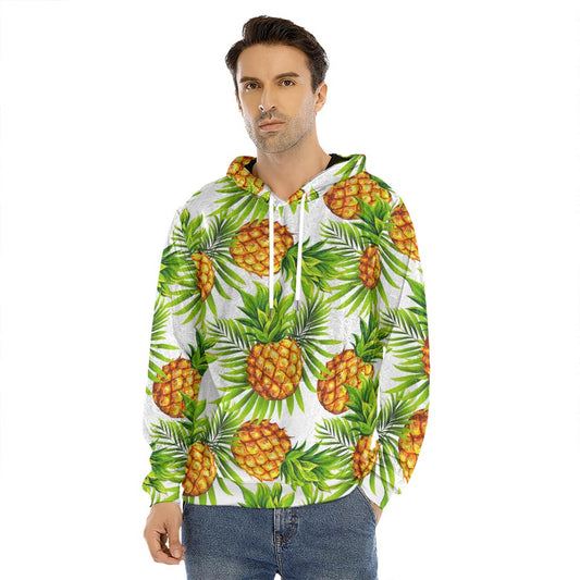 White Tropical Pineapple Pattern Print Men's Velvet Pullover Hoodie