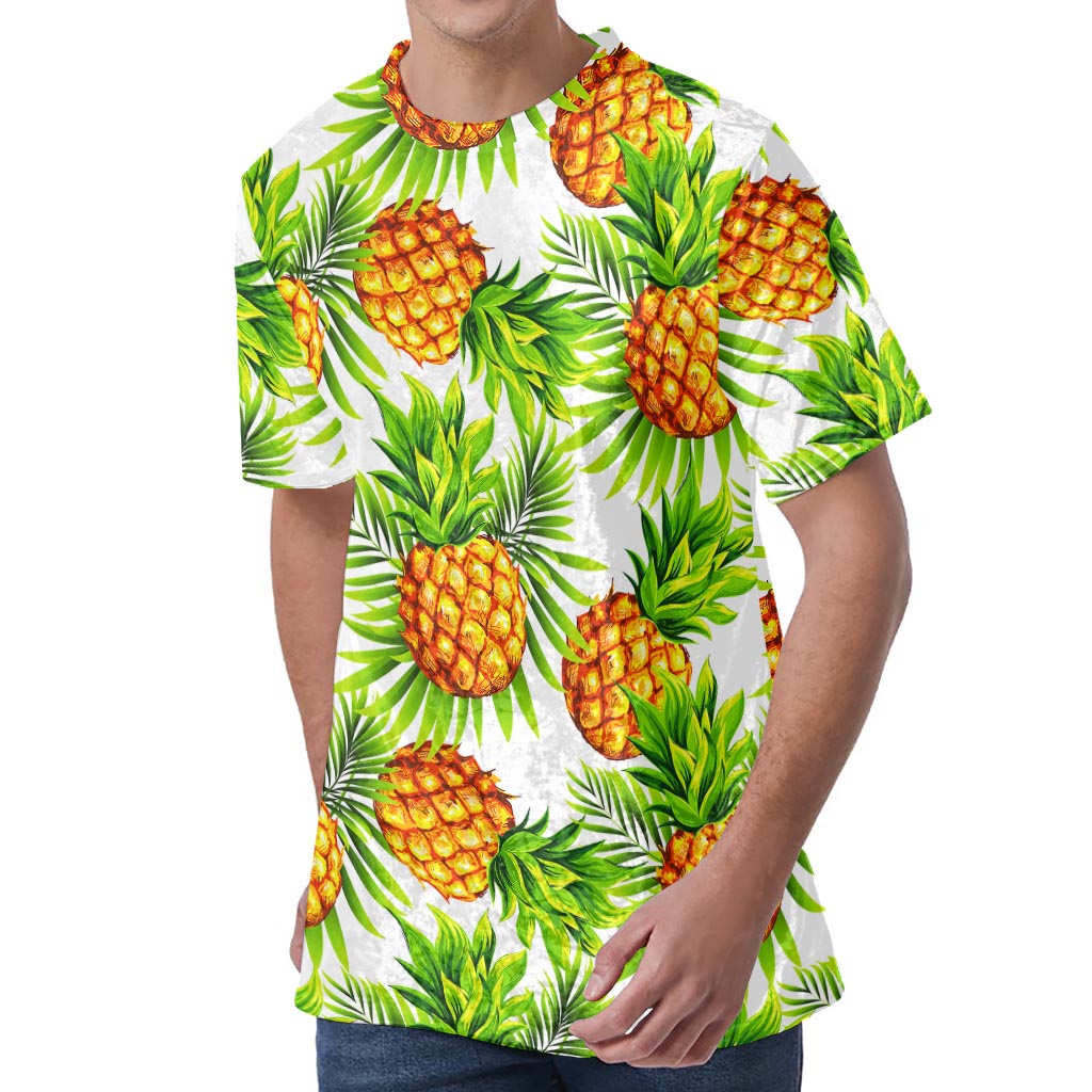 White Tropical Pineapple Pattern Print Men's Velvet T-Shirt