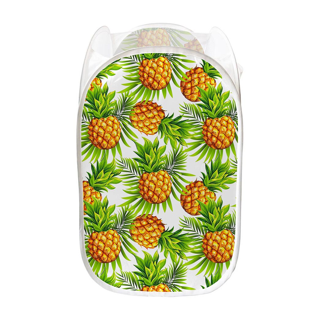 White Tropical Pineapple Pattern Print Mesh Laundry Hamper