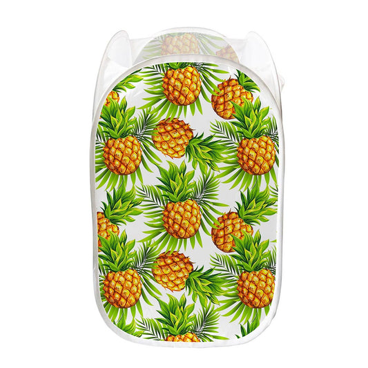 White Tropical Pineapple Pattern Print Mesh Laundry Hamper