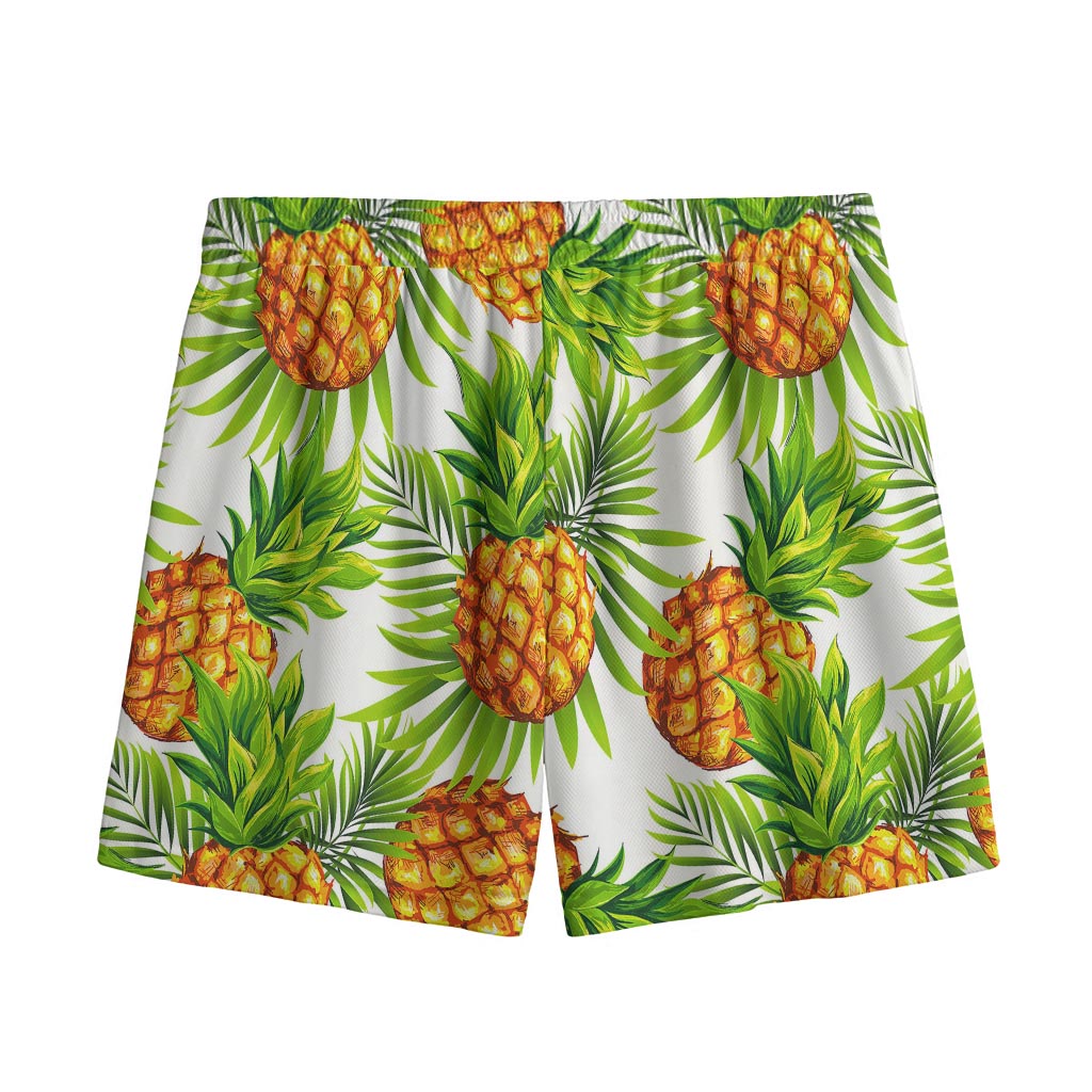 White Tropical Pineapple Pattern Print Mesh Shorts