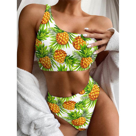 White Tropical Pineapple Pattern Print One Shoulder Bikini Top