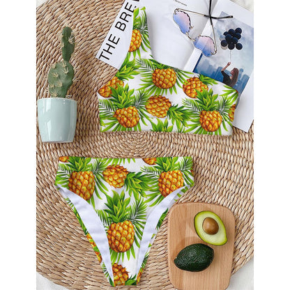White Tropical Pineapple Pattern Print One Shoulder Bikini Top