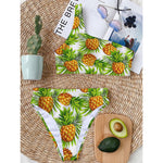 White Tropical Pineapple Pattern Print One Shoulder Bikini Top