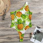 White Tropical Pineapple Pattern Print One Shoulder Bodysuit