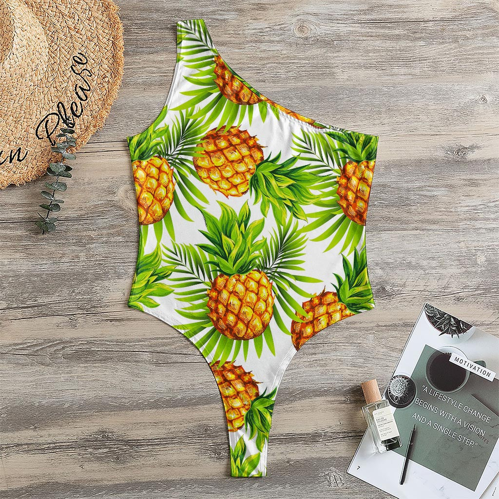 White Tropical Pineapple Pattern Print One Shoulder Bodysuit