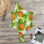 White Tropical Pineapple Pattern Print One Shoulder Bodysuit