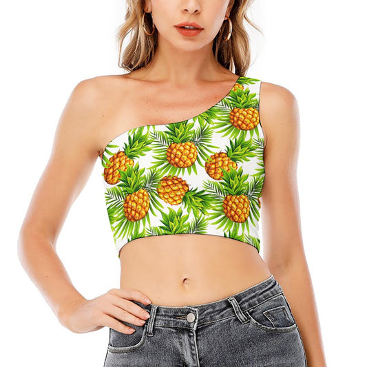 White Tropical Pineapple Pattern Print One Shoulder Crop Top