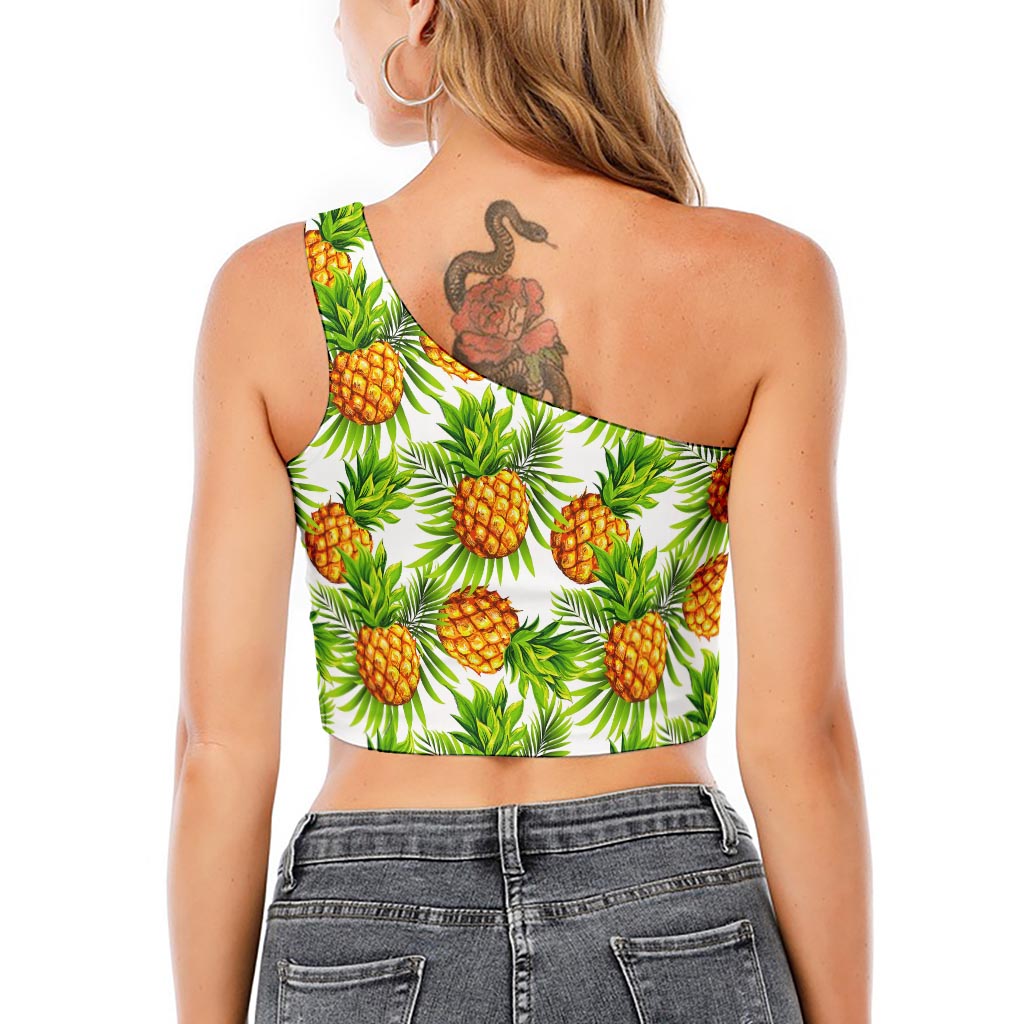 White Tropical Pineapple Pattern Print One Shoulder Crop Top