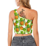 White Tropical Pineapple Pattern Print One Shoulder Crop Top