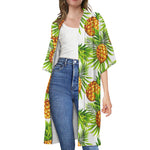 White Tropical Pineapple Pattern Print Open Front Beach Cover Up