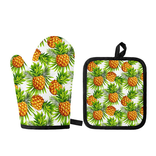 White Tropical Pineapple Pattern Print Oven Mitt And Pot Holder Set