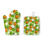White Tropical Pineapple Pattern Print Oven Mitt And Pot Holder Set