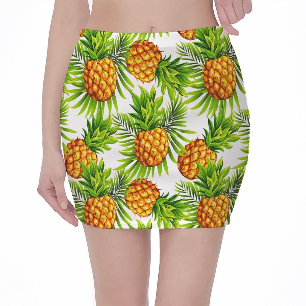 White Tropical Pineapple Pattern Print Pencil Mini Skirt