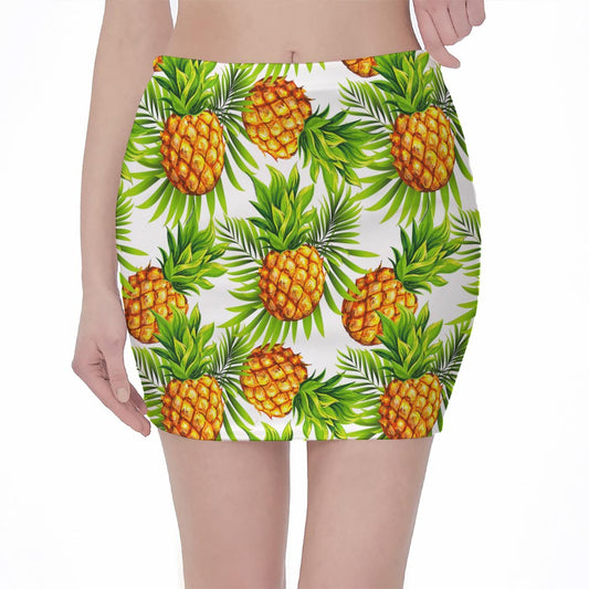 White Tropical Pineapple Pattern Print Pencil Mini Skirt