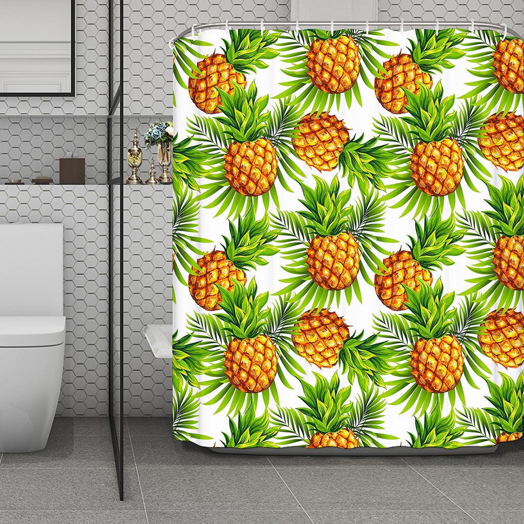 White Tropical Pineapple Pattern Print Polyester Shower Curtain