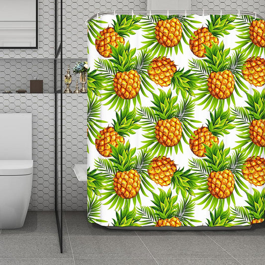 White Tropical Pineapple Pattern Print Polyester Shower Curtain