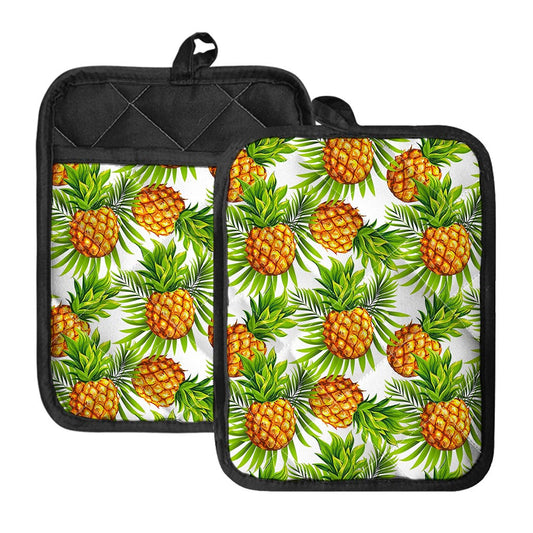 White Tropical Pineapple Pattern Print Pot Holders With Pocket