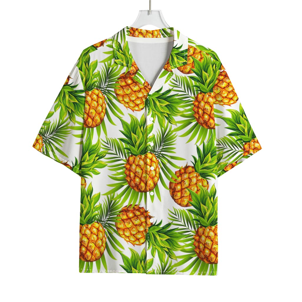 White Tropical Pineapple Pattern Print Rayon Hawaiian Shirt