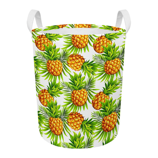 White Tropical Pineapple Pattern Print Round Laundry Basket