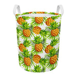White Tropical Pineapple Pattern Print Round Laundry Basket