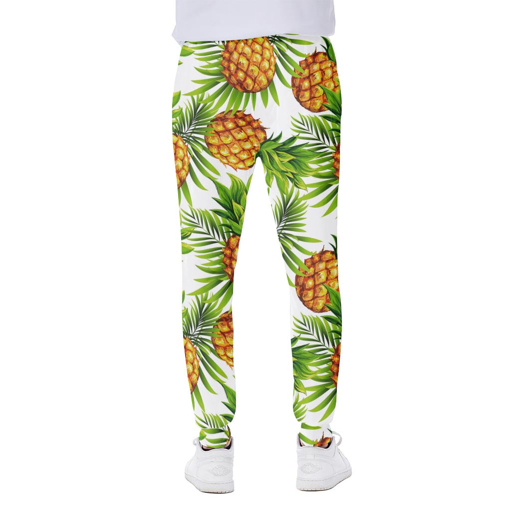 White Tropical Pineapple Pattern Print Scuba Joggers