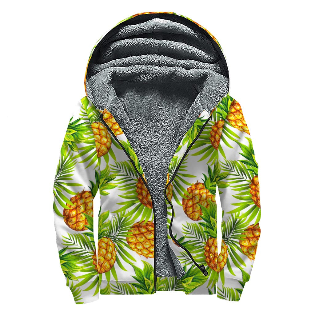 White Tropical Pineapple Pattern Print Sherpa Lined Zip Up Hoodie