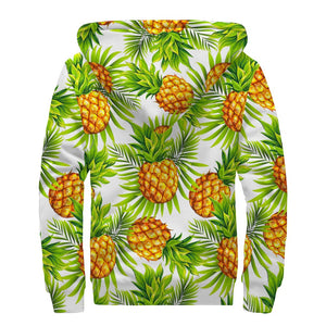 White Tropical Pineapple Pattern Print Sherpa Lined Zip Up Hoodie