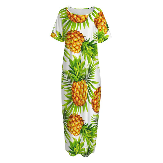 White Tropical Pineapple Pattern Print Short Sleeve Long Nightdress