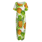 White Tropical Pineapple Pattern Print Short Sleeve Long Nightdress