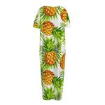 White Tropical Pineapple Pattern Print Short Sleeve Long Nightdress