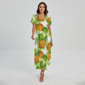 White Tropical Pineapple Pattern Print Short Sleeve Maxi Dress