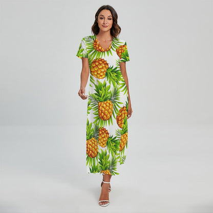 White Tropical Pineapple Pattern Print Short Sleeve Maxi Dress
