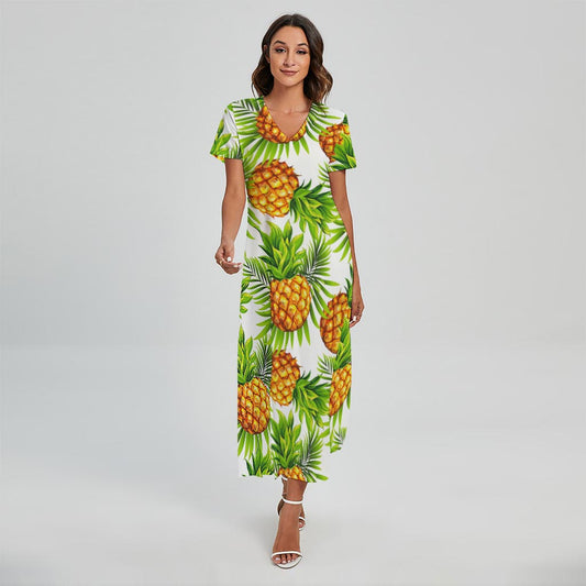 White Tropical Pineapple Pattern Print Short Sleeve Maxi Dress
