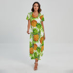 White Tropical Pineapple Pattern Print Short Sleeve Maxi Dress