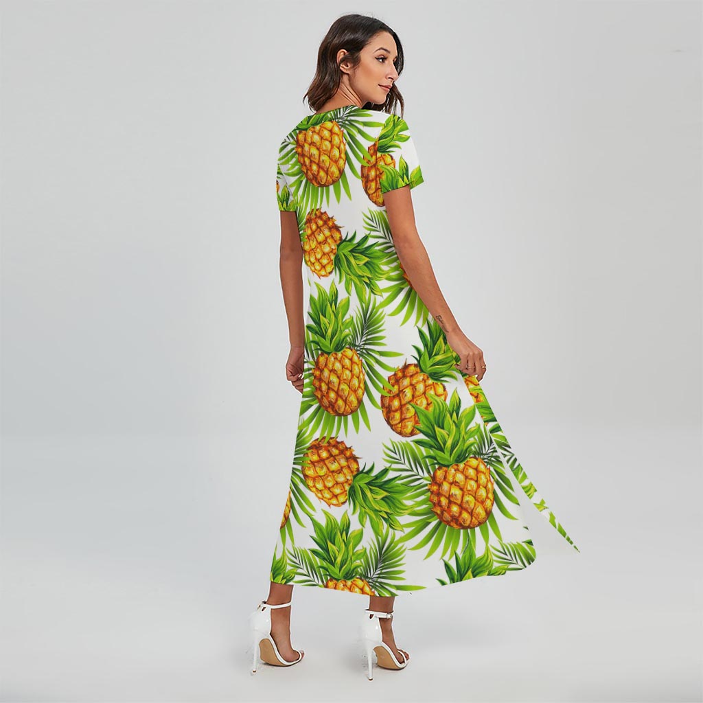 White Tropical Pineapple Pattern Print Short Sleeve Maxi Dress