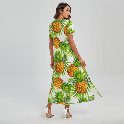 White Tropical Pineapple Pattern Print Short Sleeve Maxi Dress