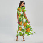 White Tropical Pineapple Pattern Print Short Sleeve Maxi Dress