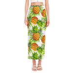 White Tropical Pineapple Pattern Print Side Slit Maxi Skirt