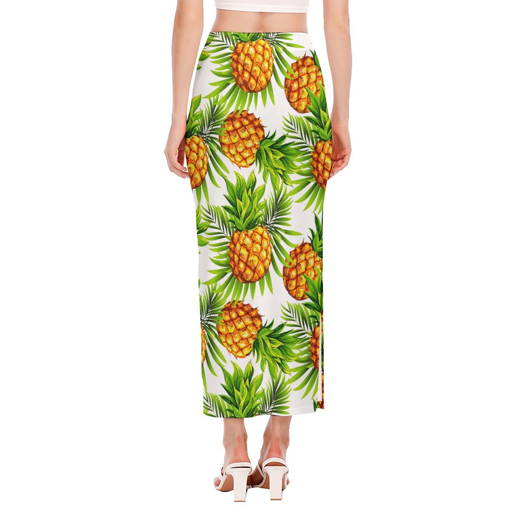 White Tropical Pineapple Pattern Print Side Slit Maxi Skirt