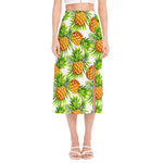 White Tropical Pineapple Pattern Print Side Slit Midi Skirt