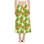 White Tropical Pineapple Pattern Print Side Slit Midi Skirt