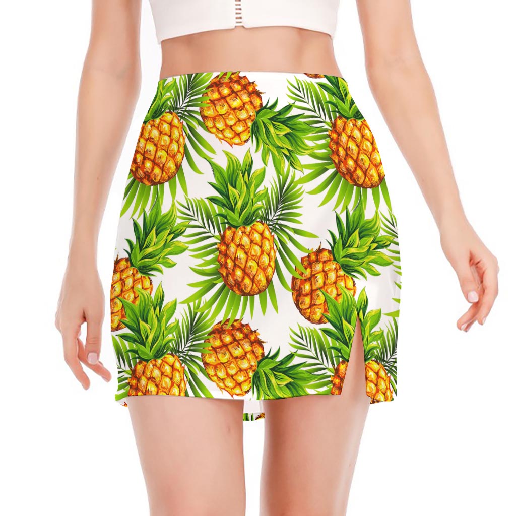 White Tropical Pineapple Pattern Print Side Slit Mini Skirt