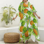 White Tropical Pineapple Pattern Print Silk V-Neck Kaftan Dress