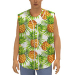 White Tropical Pineapple Pattern Print Sleeveless Baseball Jersey