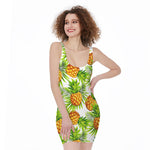 White Tropical Pineapple Pattern Print Sleeveless Bodycon Dress