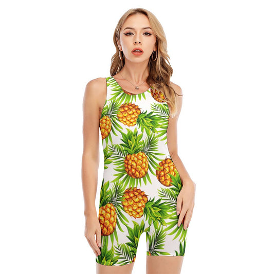 White Tropical Pineapple Pattern Print Sleeveless One Piece Swimsuit