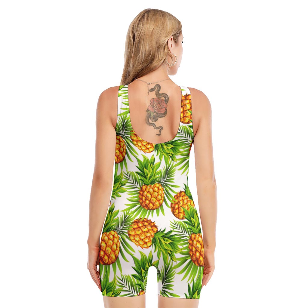 White Tropical Pineapple Pattern Print Sleeveless One Piece Swimsuit