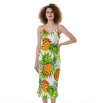 White Tropical Pineapple Pattern Print Slim Fit Midi Cami Dress